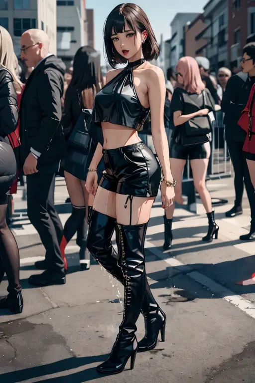 highres, beautiful women, high detail, good lighting, lewd, hentai, (((bike shorts))), (leather halter top), (bare midriff), (((wearing stockings))), (((leather thigh high heel boots))), (wet shorts), (((wetting herself))), (((peeing herself))), pee streaming down legs, peeing stain, (puddle), (thick thighs), nice long legs, lipstick, pretty face, sexually aroused, (full body shot), ((in public with crowd of women all peeing themselves)), hihelz, (view of butt)