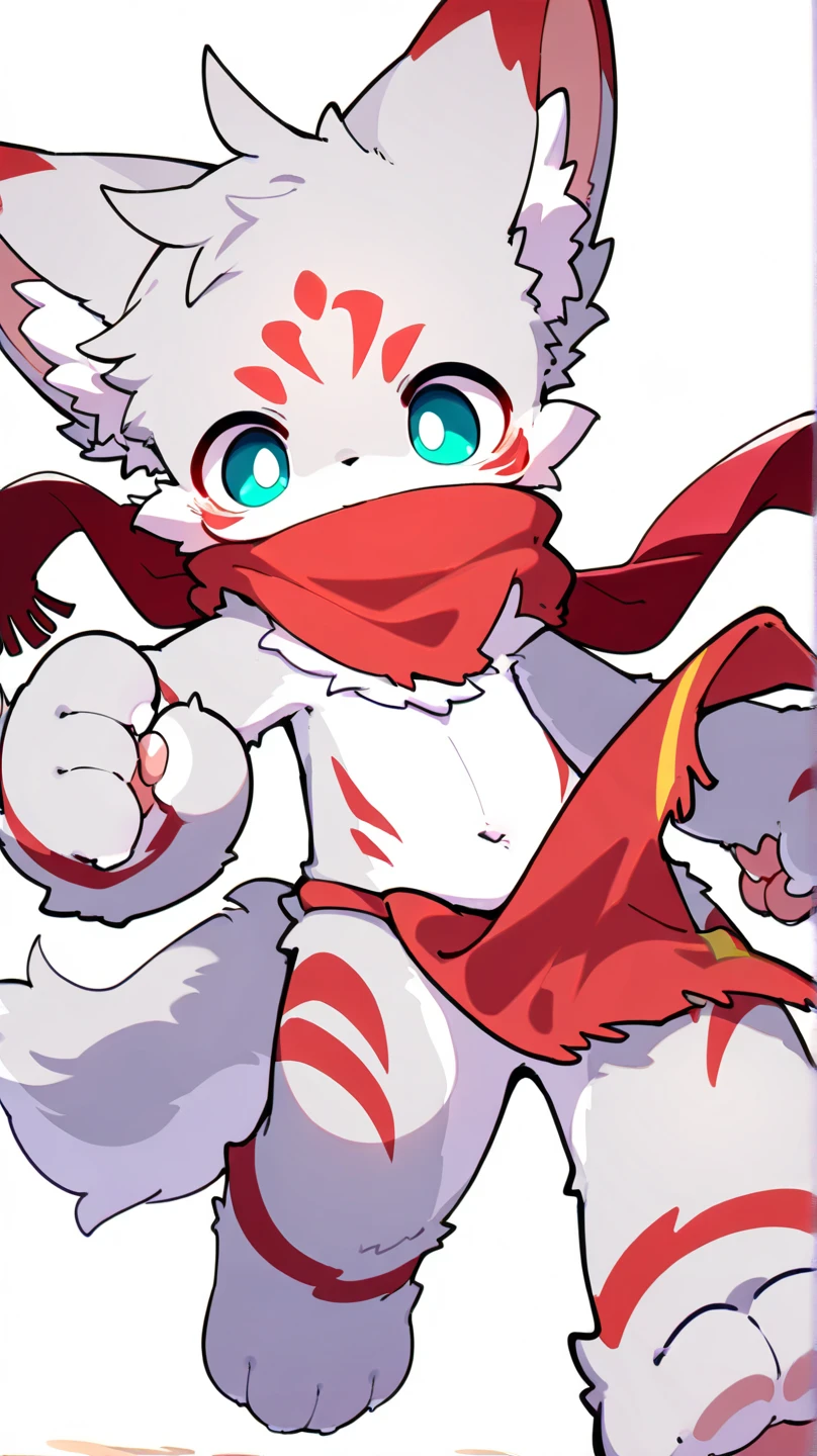 Rabbit, male, humanoid, white fur. Red fur on hands and feet, red fur on tips of ears, nude