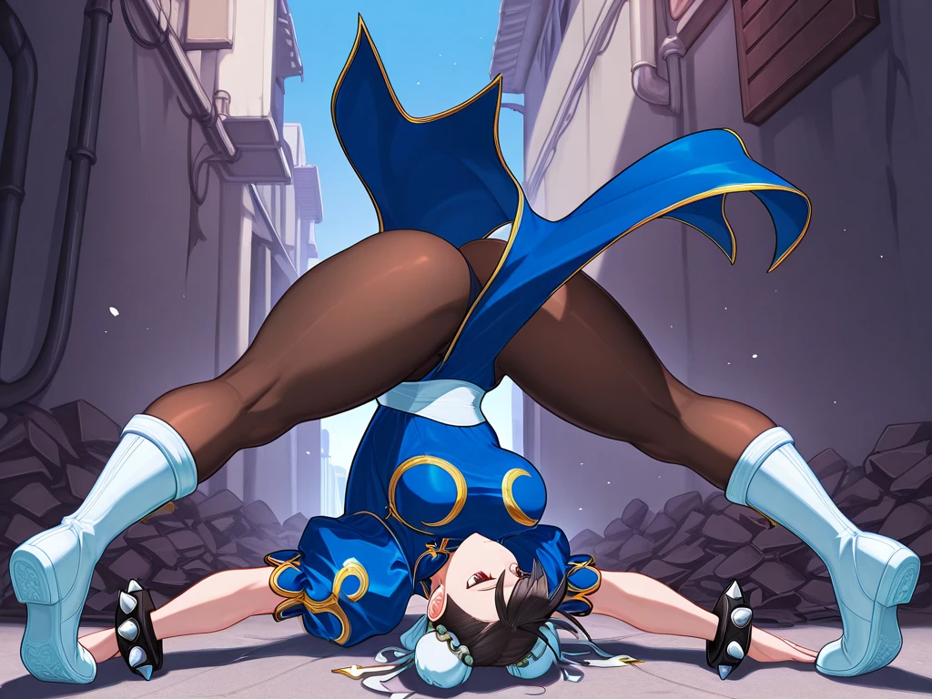(Create a hyper-realistic masterpiece of Chun-Li, the iconic character from the Street Fighter game). (photo of Chun-li Floating, doing the splits high in the air, head down, like her legendary spinning bird kick, through a blue swirl). paint on the face, realistic skin. The image must be in high definition (hard drive) and rendered in stunning 16K resolution, showing all the intricate features and textures. solo, 1woman, (Pay close attention to the fine details of Chun-Li's costume, including her traditional blue dress, ((pelvic curtain), (brown pantyhose), china dress), white cross-laced boots, bracelet, gold trim, jewelry, puffy sleeves, sash, short sleeves, side slit, spiked bracelet, spikes, hair accessories). Use dramatic lighting. SFW