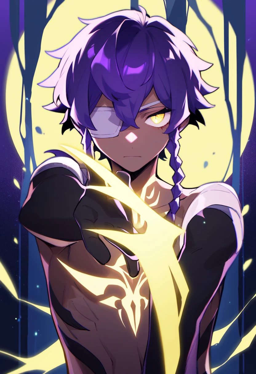 cheerful boy with open forehead. dark purple hair braided in a ponytail on the left side to one side. sinuous black horns wrapped in dark purple ribbon. pale violet eyes. in short dark purple shorts. long white T-shirt. dark purple knee-high socks. white long robe with hood. black ancient stone walls of the castle purple light from lamps with gold ornaments