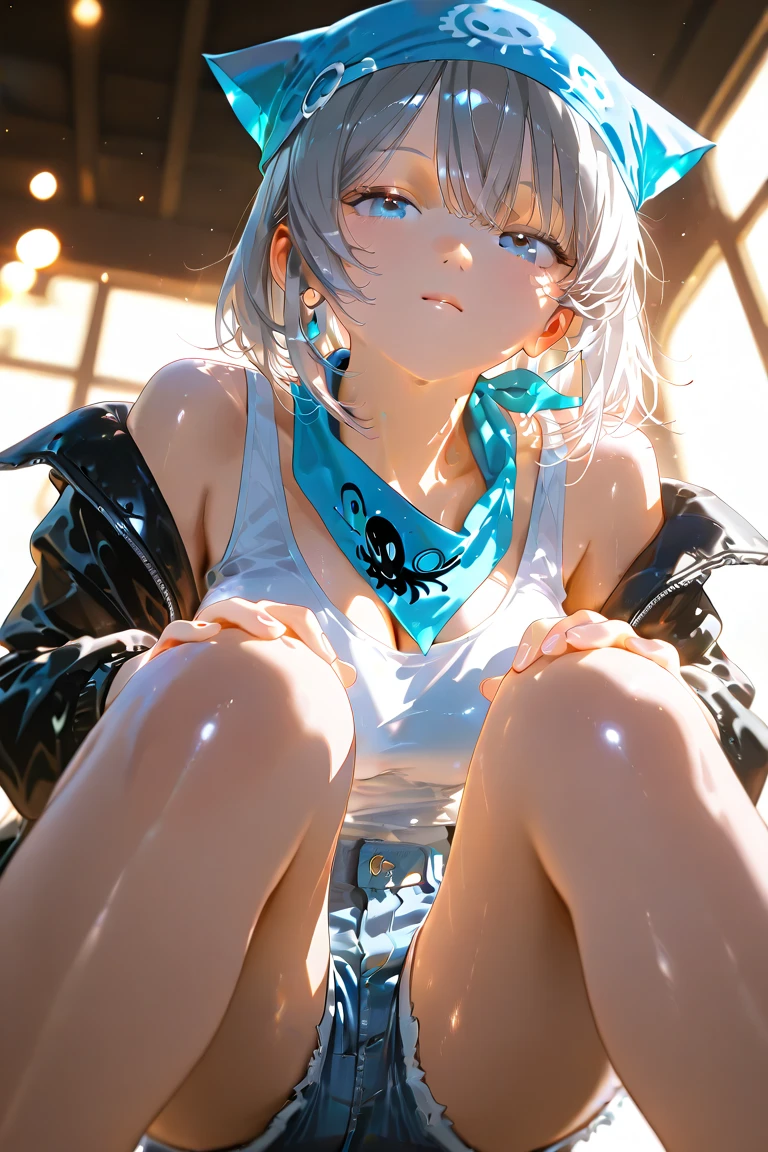 masterpiece, Highest quality, Very detailed, High resolution, An expensive solution, High resolution, 4K, 8K, ユニティ 8K 壁紙, Very detailed CG, masterpiece, Realistic, 2D, 3d, Beautiful details, depth, Fine texture, Highest quality: 1.3, Fully focused, Crispy.skin, .he, Very cute anime girl about 3 years old, Expensive silver short hair, Girl about 3 years old, alone, pretty blue dress, blush, Mole, Release your lips, hair ornaments, heart, Purple eyes、Condom in mouth、A defiant smile、Lifting up your skirt in a dimly lit alley、クーラーの室外機の上にsit、Crotch close-up、Angle from below、I can see your underwear、Translucent slip、Spread your legs、Looking down from above、front、sit、Cotton panties