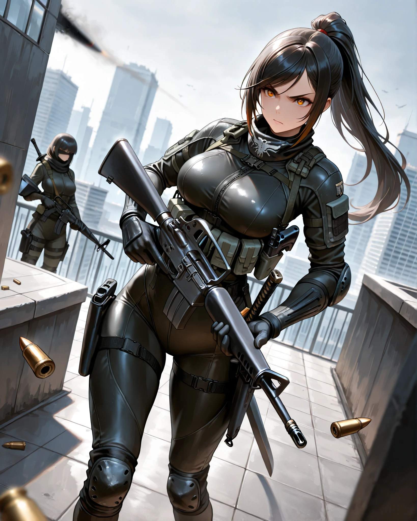 masterpiece, highest quality, 8k, solo, solo focus, highly detailed, (perfect face:1.1), (high detail:1.1), 1female, ninja, mercenary, (holstered sword:1.2, katana:1.2) jet black hair, long hair, side-swept bangs, ponytail hair, amber eyes, beautiful detailed eyes, double eyelids, v-shaped eyebrows, determined expression, black bodysuit, black combat boots, black tactical gloves, tactical gear, knee pads, (holding m16, m16a2 rifle, shell casings), rooftop, glass building, depth of field, dutch angle, perspective, cowboy shot, action illustration.