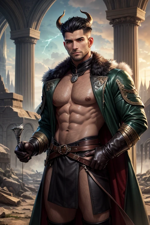 Tall and muscular young man, with shaved hair, yellow eyes, wearing a fur cape and a blue medieval armor with an axe on his back, in a medieval square mounted on a giant wolf a. Realistic, Full HD, better quality.