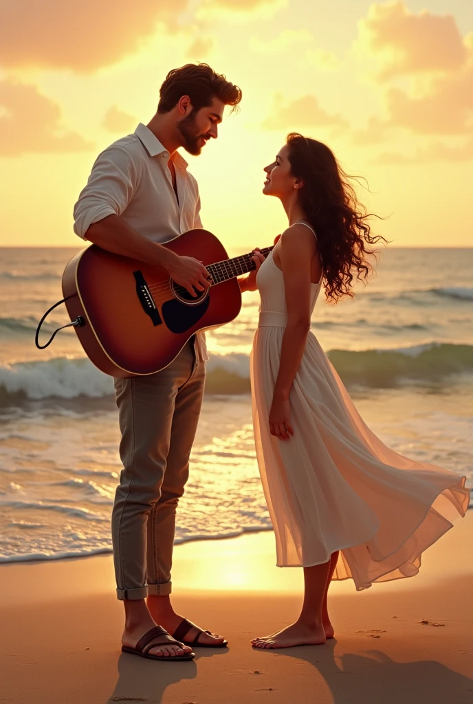 they are kissing on the beach with a guitar in their hands, carregando uma guitarra, Foto de capa, Foto deslumbrante, romantic couple, during sunset, incrivelmente detalhado, Directed by: Juan O'Gorman, Detalhes intensos, Durante a Hora Dourada, gorgeous romantic sunset, Detalhamento sutil, detalhado e complexo, Lovely couple, Holding a guitar, fotografia completa, em um lago, Photo Session