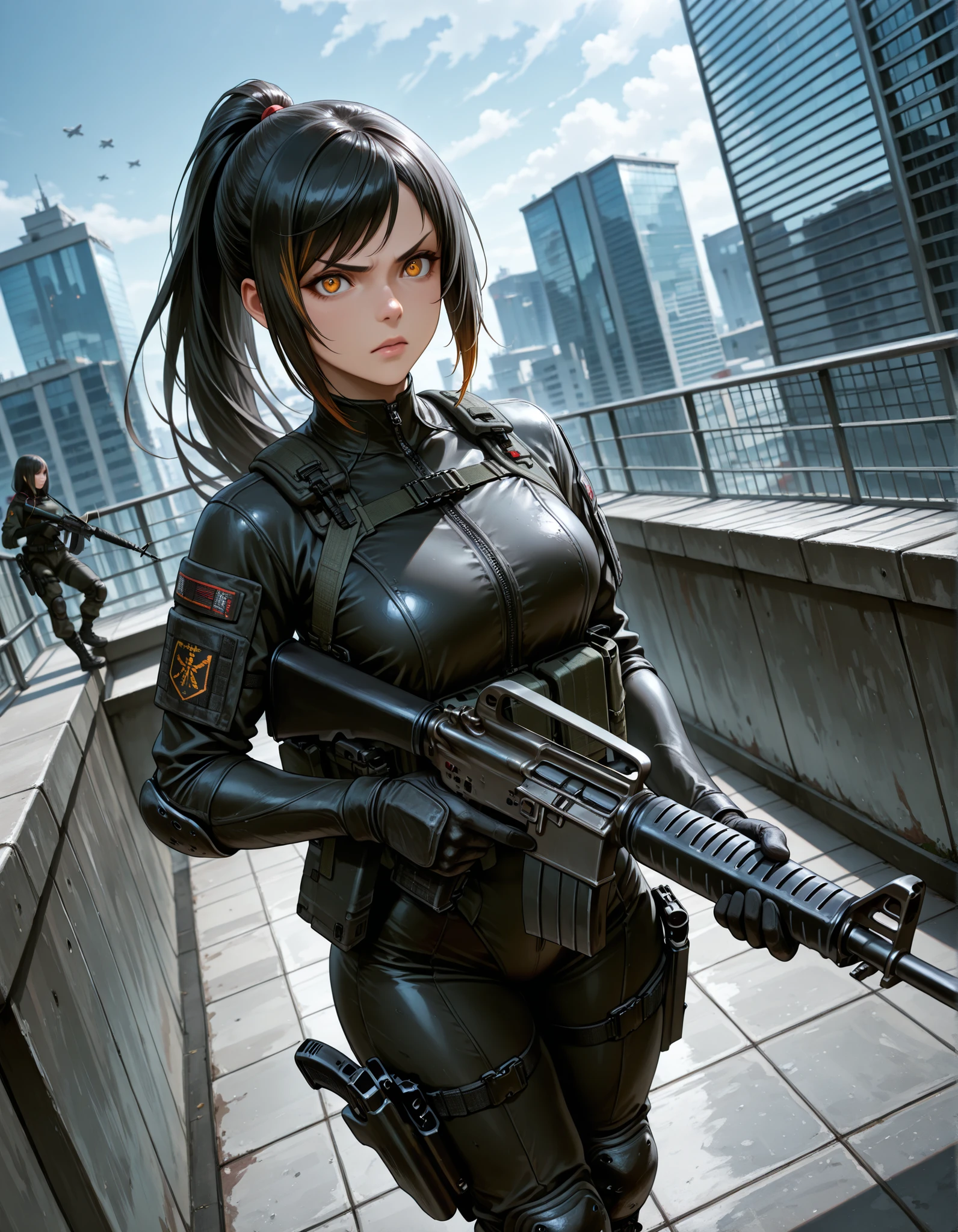masterpiece, best quality, intricate details, detailed background, high res, highest quality, 8k, solo, solo focus, (perfect face:1.1), (high detail:1.1), 1female, ninja, mercenary, (holstered sword:1.2, katana:1.2) jet black hair, long hair, side-swept bangs, ponytail hair, amber eyes, beautiful detailed eyes, double eyelids, v-shaped eyebrows, determined expression, black bodysuit, black combat boots, black tactical gloves, tactical gear, knee pads, (holding m16 rifle, m16a2:1.2), rooftop, glass building, depth of field, dutch angle, perspective, cowboy shot, action illustration.
