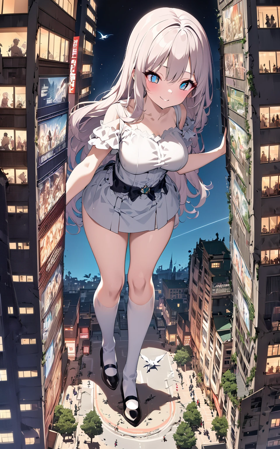 ,(masterpiece:1.1),[Enchanting, Ruined City, Night, On Top of a Crumbled Skyscraper, Slender, Dark Red Skin, Small Breasts, Yellow-Green Eyes, Long White Hair, bikini, Sultry Stare, Illuminated by the Moon.], , , ,[cga colored lighting, raytracing, HDR], extreme size difference, crowded street, car, helicopter, plane, (a person standing on giantess hand:1.6), multiple girls, (looming, from below, GTS, obstucted behind buildings:1.4), upper body only, rubble, ruins, , stepping on shrunken building, crowd running in fear