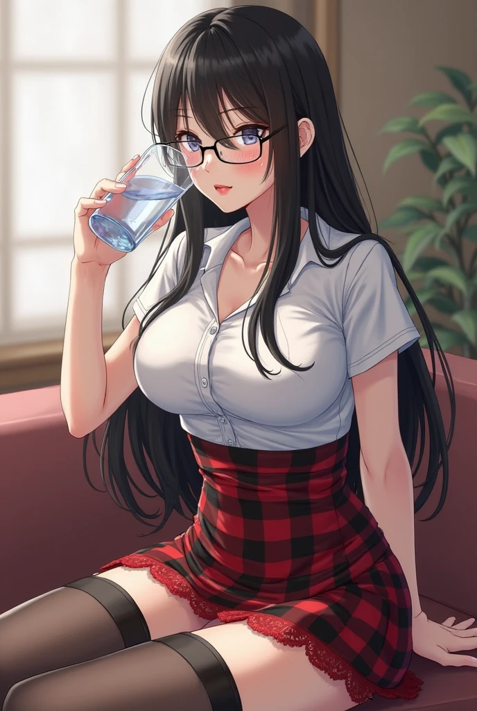 best quality, masterpiece, ultra high res, detailed background, realistic, 1girl, solo, female, muscular, mature female, long hair, black, straight, triangular bangs, round glasses, nerd glasses, makeup, sitting in a chair, open legs, showing panties, seductive scene, sticky school clothes, wet breasts, open mouth, serious face, sexy beak, beautiful eyes, well done, erotic expression, school, real shadow and light,  depth of field, huge boobs, torn clothes, torn bra, uderboob, looking at the viewer, strong wind in the face, strong wind in the hair, loose hair, Carly Nagisa, Konosuba, sweaty, wet, sexy, flushed, embarrassed, moaning, ((thick white liquid on the breasts)), (((very sweaty)) ((the body is dripping wet)) ((wet thighs)), ((spreading thighs)), no mistakes, well detailed, extremely well done