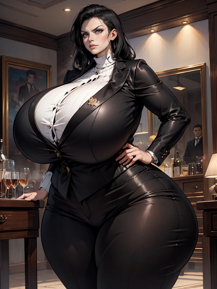 ((best quality)), ((masterpiece)), (detailed), valkyrie, mature female, perfect face, short height, plump body, gigantic breasts, fat thighs, big lips, giant breasts, looking at camera, goth style, black hair, pale skin, thick rim glasses black