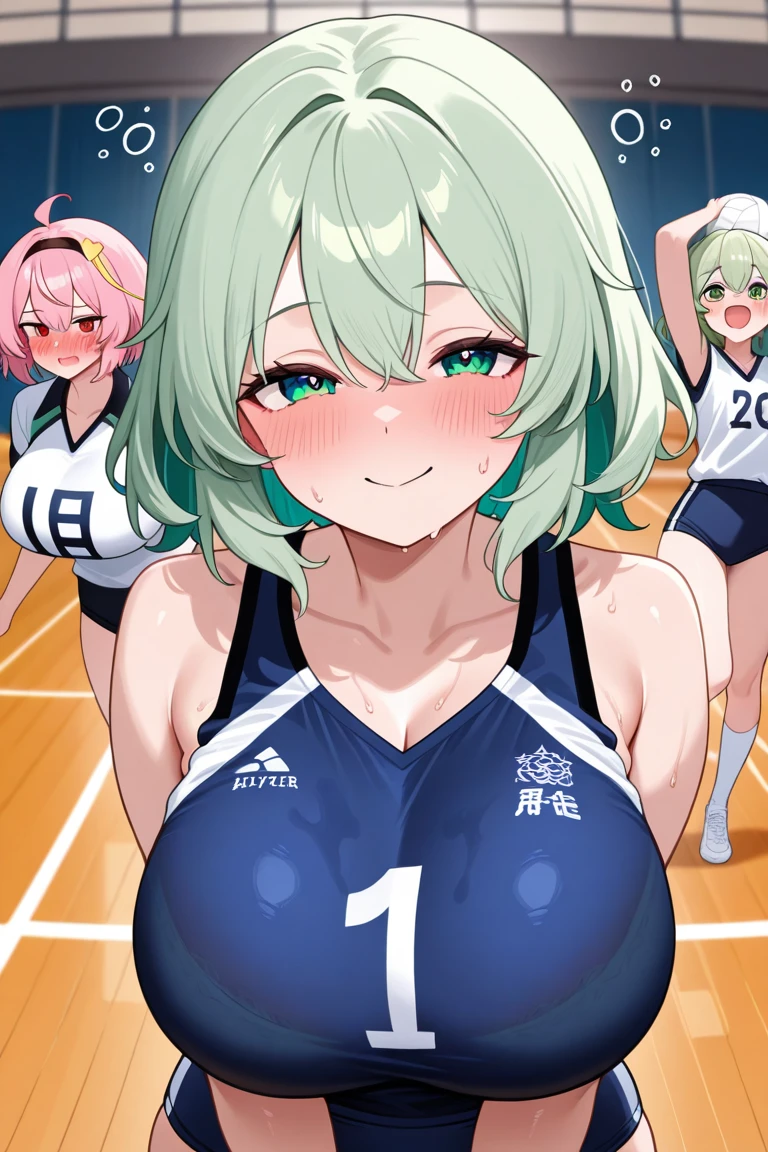 unity 8k wallpaper, anatomically correct, (((masterpiece))), (((best quality))), (((ultra detailed))), (((high-resolution))), ((super fine illustration)), ((Ultimate cutie)), ((detailed beautiful face)), perfect hands, perfect finger, (((good anatomy))), BREAK, multiple girls, lovingly gaze, harem, group picture, 17 years old, (potbelly), (Curve), medium breasts, ((thick thighs)), Shiny hair, (((coquettish smile))), (((blush))), BREAK, Adidas, Sleeveless collared Volleyball Uniforms, ((wristbands)), BREAK, (Hold the beautiful spherical 6-inch volleyball), ((Sweat)), (perspired), (Heavy breathing), in gymnasium, in volleyball court, depth of field, strong light, cowboy shot,,