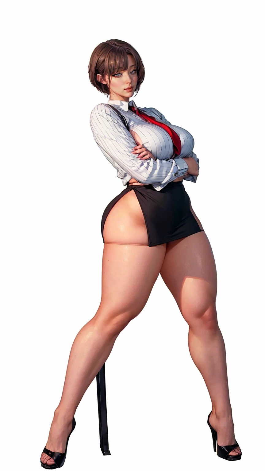 full body photo, 1 beautiful woman, she is wearing glasses, wearing a white button-down shirt with some buttons open showing a bit of her cleavage, she is wearing a very short gray pencil skirt, black fishnet stockings with big holes, she is blonde, with hair tied in a bun, her face is sexy, fine features, very blue eyes, arched and sexy eyebrows, she is very white, with ((pale and soft skin)), light makeup, her breasts are huge and sagging and soft, her thighs are thick and muscular, her calves are thick, her legs are muscular, her feet are delicate and symmetrical and perfect, all parts of her body and clothes are perfect and detailed.