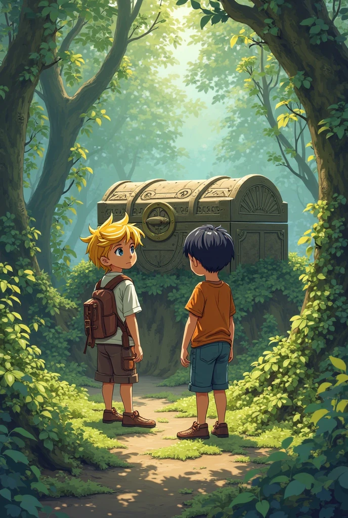 The 2 boys reach an old, moss-covered chest partially buried in the ground. Anime styles 1 boy have golden hair and one have black hairs the golden hair boy wear an orange t-shirt and blue shorts and the black hair boy wear a grey shirt and blue shorts