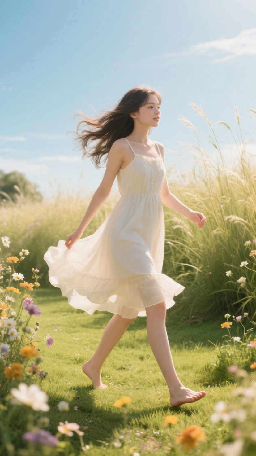 one girl、１４Age Girl:1.2、realistic face、perfect anatomy、cute face、cute expression、ponytail、Braided hairstyle、small breasts、気持ちいon the lawn、Barefoot、white camisole dress、summer sunshine、Blue sky、sunny、very detailed、very detailed、intricate details、insane precision、highest quality、ultra high resolution、RAW photo、master piece:1.5、outdoor、on the lawn、Blue sky
