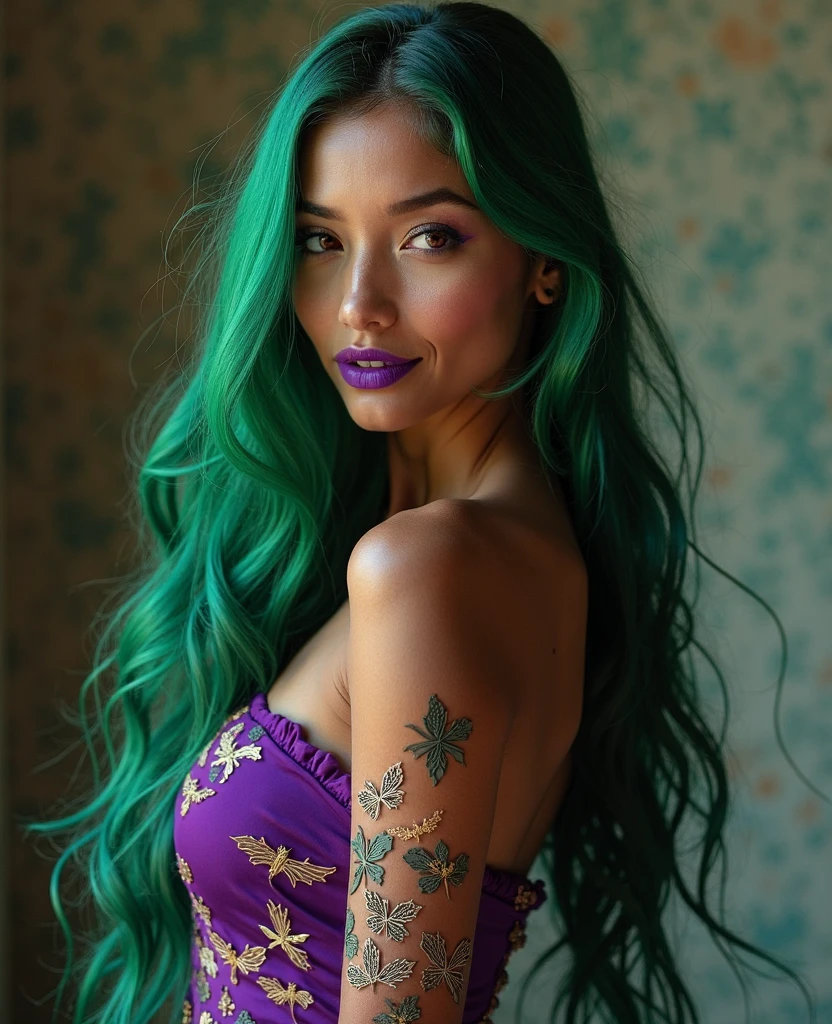 high quality, super detailed, photoshoot, a gloomy woman with glasses a long red dress, erotic style, green wave hair, cover flowers pink rose, background dark grey
