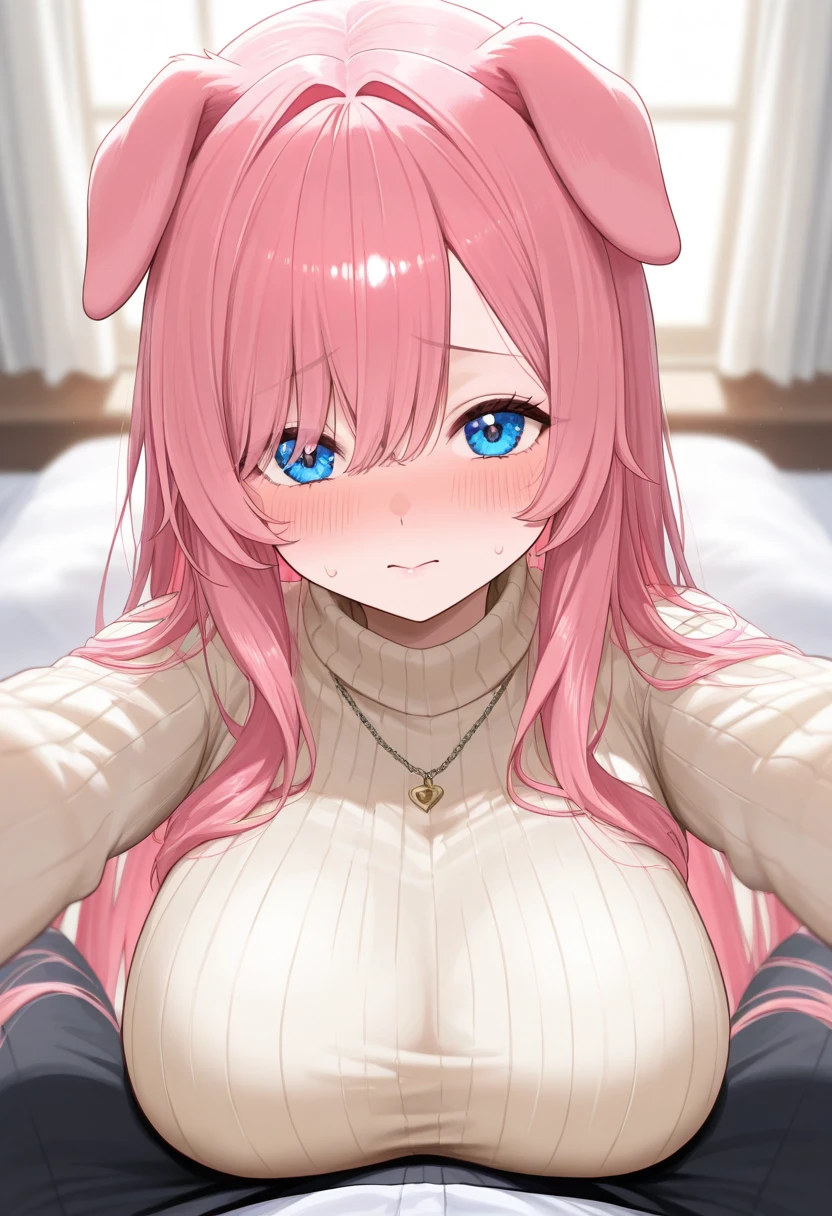 car girl,pink long hair,pink fur,looking at viewer,my room,sit on bed,heart eye,sexy under wear