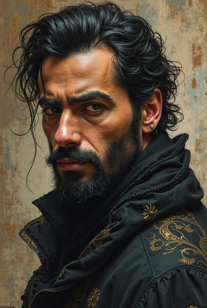 a close up of a man with a beard and a black robe, a portrait by Roman Bezpalkiv, zbrush central contest winner, renaissance, handsome prince of persia, jason momoa as assyrian, handsome male, his head covered in jewels, as a medieval fantasy character, arabian samurai, handsome man, portrait of bedouin d&d