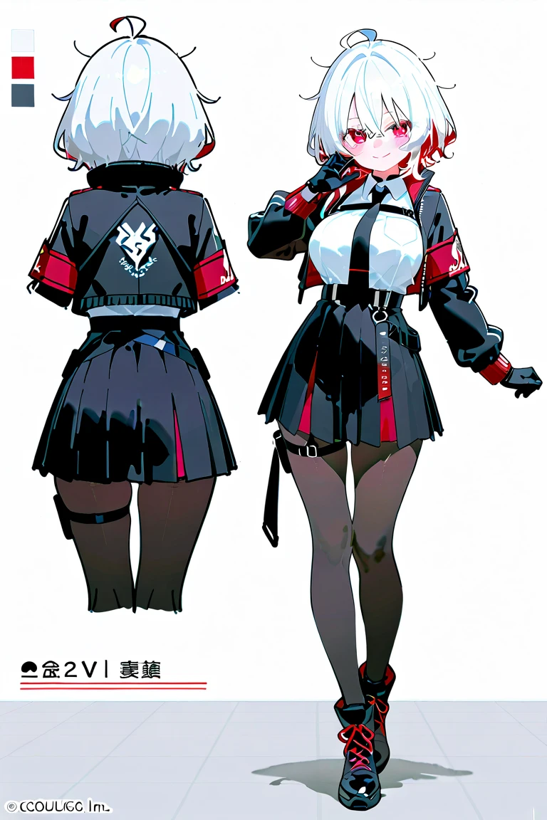 silver haired fox girl, with 2 tails, ninja, sexy, character art design sheet, short skirt halter top black, armor forearm guards, thigh straps, belts with pouches, ninjato attached to center back at hipline.