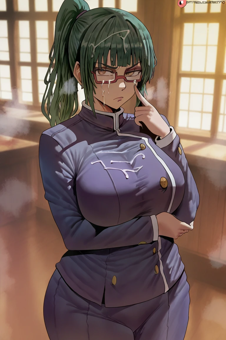 zenin_maki, ponytail, glasses, green hair, brown eyes, amordazado, esclavitud ???????, manos y brazos atados, esclavitud ???????, ????, Arms tied behind the back, arms behind the back, Arms tied behind the back, muslos atados, patas atadas, amordazado, brazos atados, arms behind the back, de frente, mordaza de bola, ????,esclavitud, amordazado, sitting position, kneeling position, in the room, mordaza de bola color roja, gag de correas, viendo hacia el espectador, looking towards the camera, shrimp position, babear, babeando, saliva en la gag, basement, sonrojada, en celo 