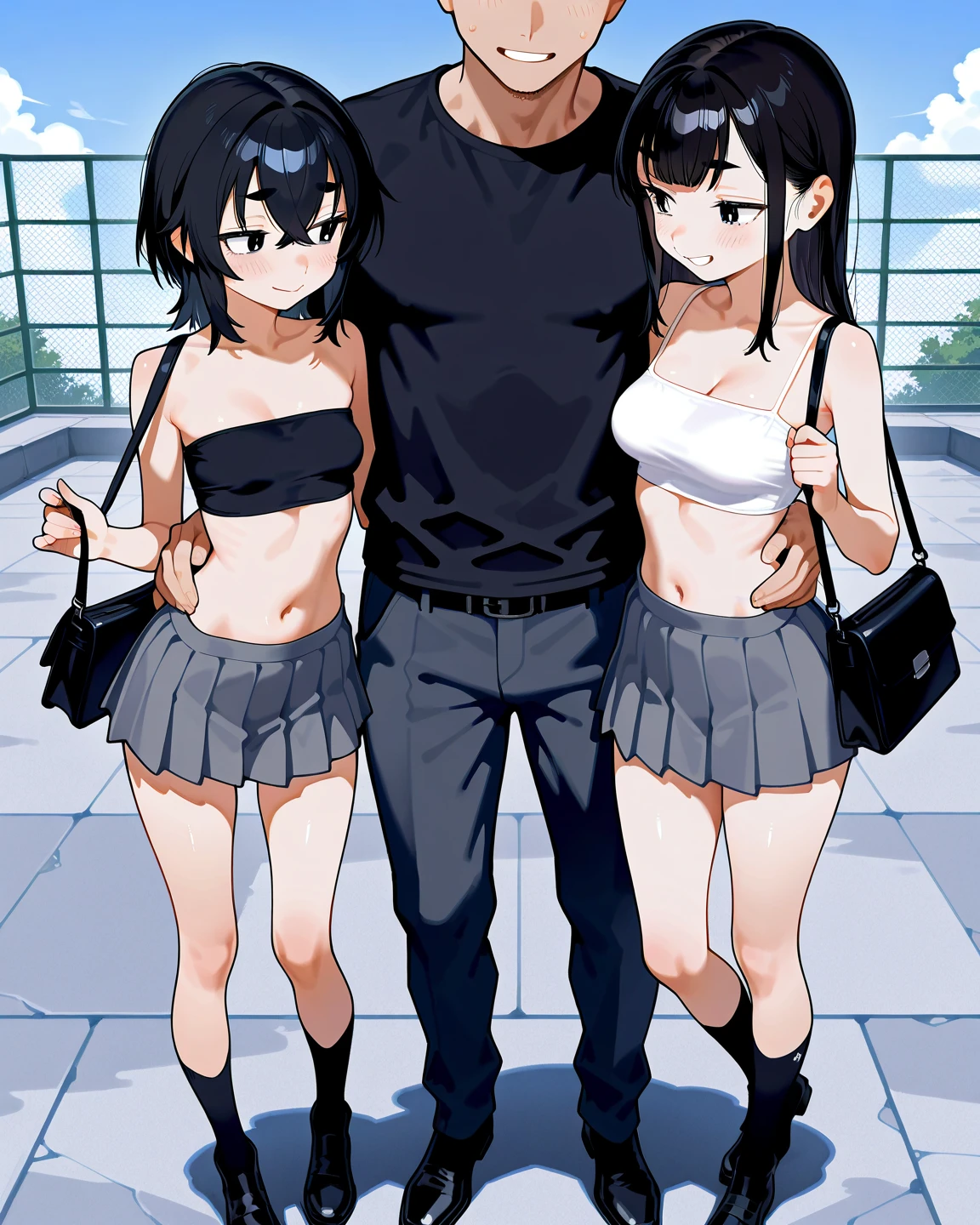 , masterpiece, Highest Quality, Highest Resolution, perfect background, perfect perspective, sharp image, perfect details, perfect lighting, perfect shadows, Perfect lighting, Best background, Visual Novel, dialogue box, text, game, user interface, anime style, 4girls, front view, lifting shirt, breasts, nipples, outdoors,