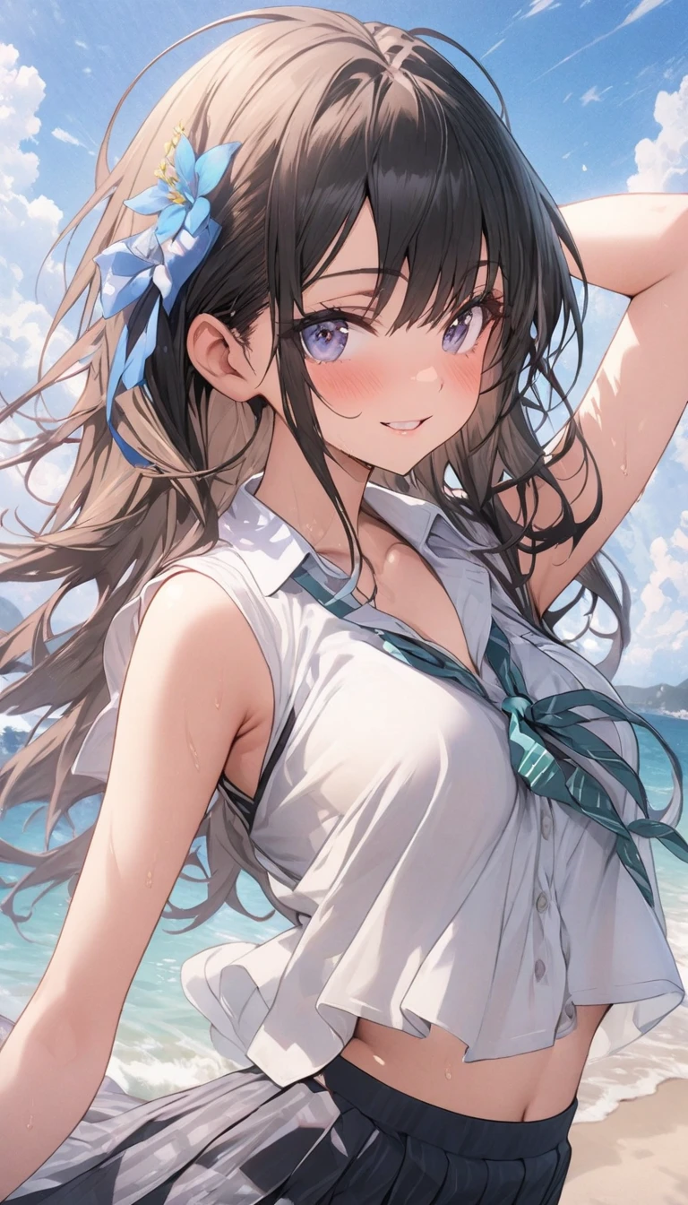 (masterpiece, best quality, perfect face:1.4) looking at viewer , walking, smile, blush, hokko tarumae \(umamusume\), Purple eyes, barefoot, White bikini, (Red frill:1.2), horse taill, (School swimsuit:1.2), cowboy shot, beach, tree, wave, wind