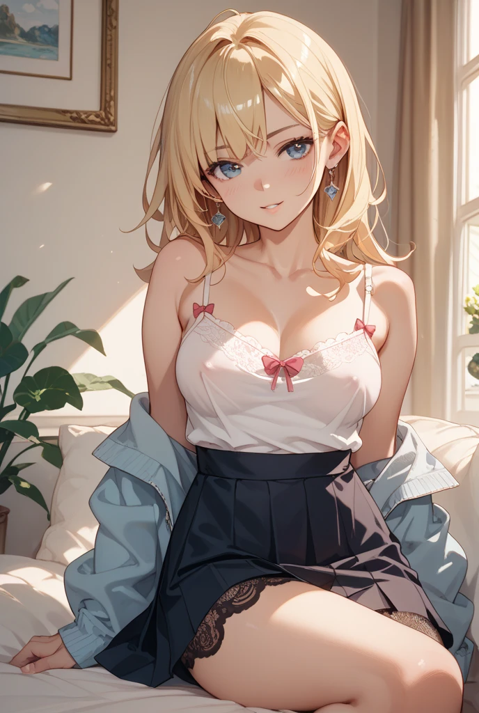 Masterpiece to the smallest detail、top-quality、girl with、15yo student、Model body type、Extraordinary beauty、Silky texture hair、side poneyTail、Two-color mesh、Realistic eyes、Outstanding looks、a smile、red blush、full of shyness、 pleatedskirt、beatiful detailed eyes、Attractive gestures、panties on、Professional effects、The gap between the body and the gesture、masutepiece、hight resolution、Looking at the camera、Cute anime illustration、a blond、huge tit、cleavage of the breast、Sexy white underwear、T-shirt with open chest、full bodyesbian、Futomo、Panchira、Loose Socks、Lifting the legs with both hands and spreading the legs、