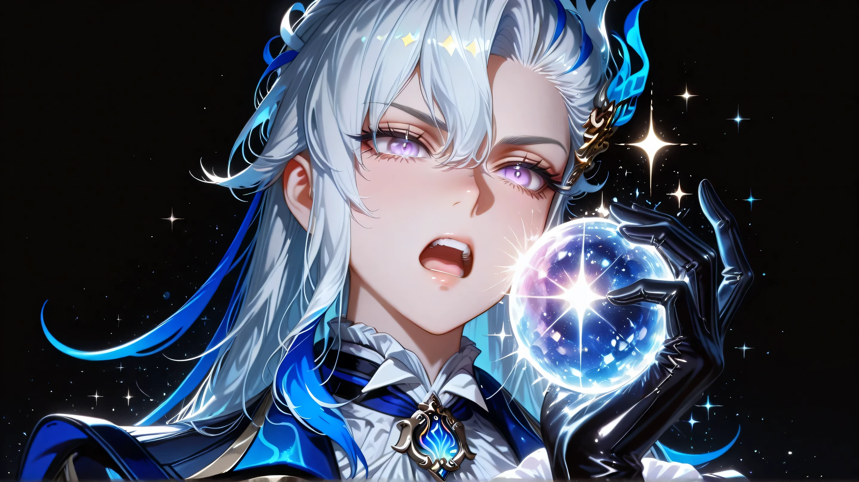 Wallpapers, Anime Man Painting:1.4, 30 years old, Head Slightly Tilted ,Head Slightly Tilted, Stream on CGSociety , Gothic Art, hyper-realistic, Realistic High , Drawing of Ross 1 .0, Ross painting 2 .0 ,handsome face of man, Western art inspired by Yanjun Cheng , ผุ้ชายVery handsome, Very handsome, light purple eyes, สวมFashion setวีคสาวสีดำสลับนํ้าเงิน, , serious posture, dim your eyes, open mouth, see white teeth, long white hair, Blue Hair Highlight , highlights blue hair at the ends of the hair, Long hair, neck, The left hair is slightly longer than the right., character Nevillette, geshin impact, Fashion set, NOBLE GESTURES, ornamentation, eyes sparkle, tiresome posture, I blew my hair , Light Hitting Face, face in front, Left hand holding Mike, right hand in front of the inviting gesture vortex, black background, , the upper spotlight shines down, masterpieces, Shiny suit, , glittering background, Best Quality, perfect hand, good hand.