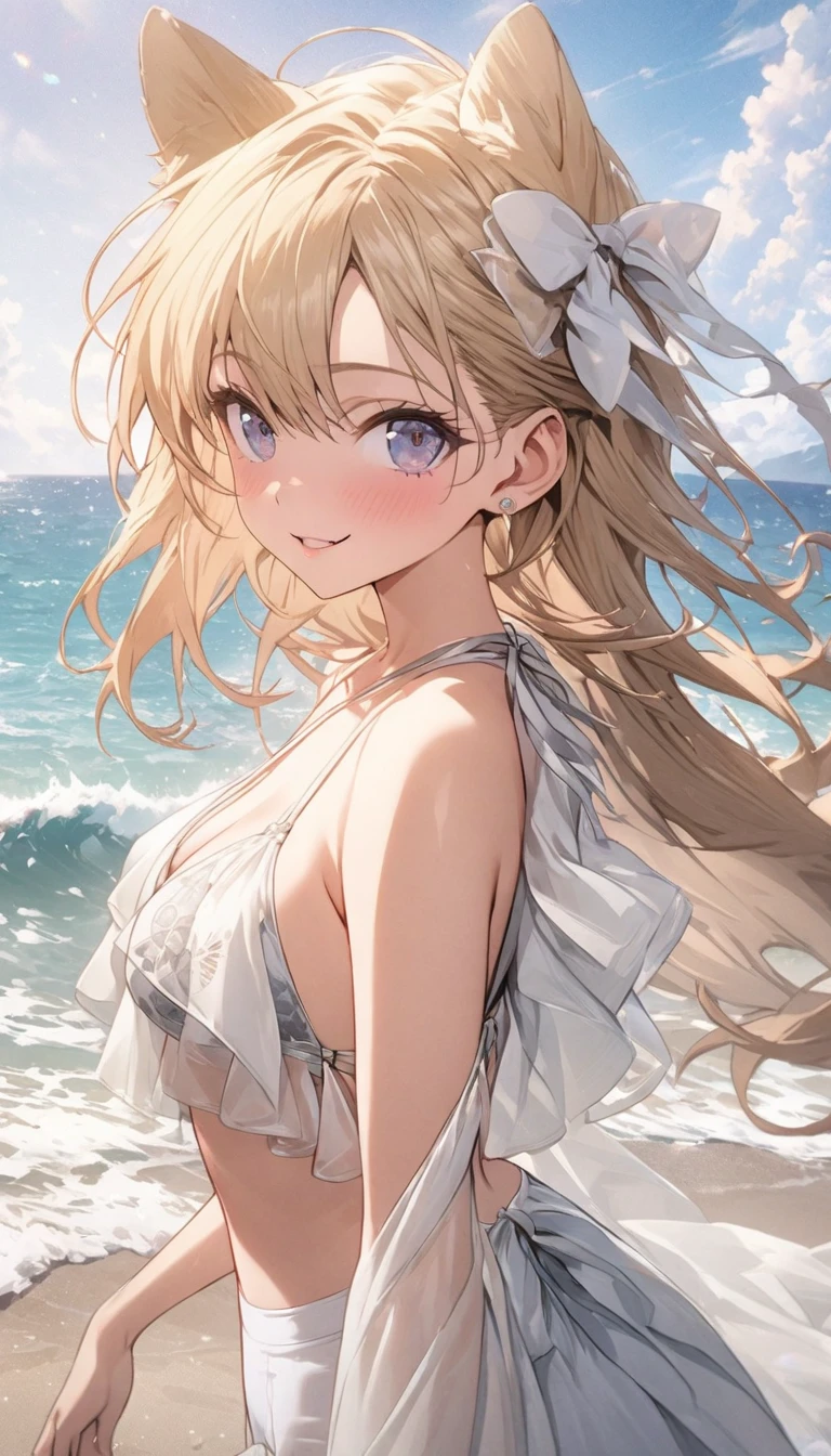 masterpiece, rich colors, Best quality, detailed, high resolution, Hyper quality, high detail, , high quality, detailing, skinny sexy girl on the beach , bright lighting , Brown eyes, Anime, palm trees, bright lighting, blonde,