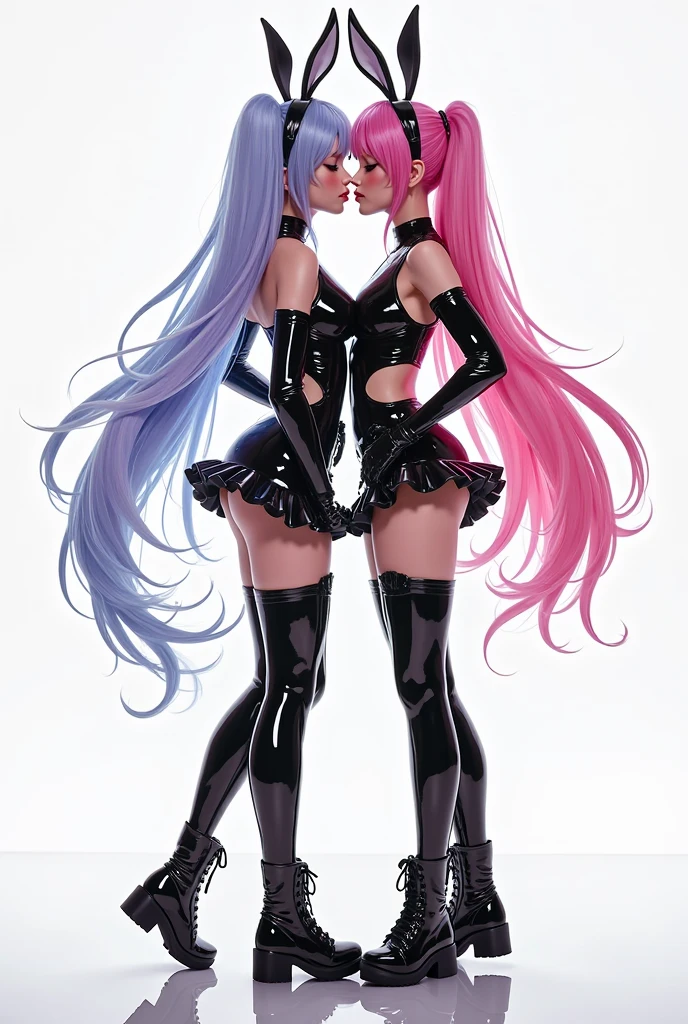 masterpiece+++, (best quality)+, (high resolution)+, (matching outfits)+, (Coordination of twins)+, (two girls in different color costumes)++, couple, (kissing)++, (extremely shiny black latex magical girl costume)+, (pink neon trim)+, (blue neon trim)+, (extremely shiny latexmagical girl costume)+, similar look, matching latex clothes, twinsies, (extremely shiny puffy magical girl costume)+, frill+, (extremely latex skirts)+, (black PVC vinyl panties)+, (evil smile)+, villain+, (dark heroine)+, (perfect female proportions)+, (heart cutout)+, (in city)+, (at night)+, (scenic view)+, (night sky)+,