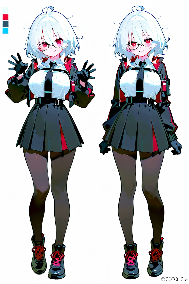 (((masterpiece, best-quality))), (same character, front, side, back :1.3), (full body), three views, front view, side view, back view, ((1 light skin woman)), solo female, red eyes, white hair, short hair, (simple background), winter modern clothes, (cute black beanie :1.3)