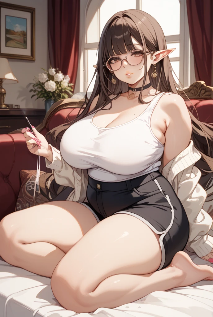 1人の女性、brown haired(Curta)、Brown eyes、Black-rimmed glasses、Ring piercing of the earlobe、seductive boobs、closing eye、sleeping face