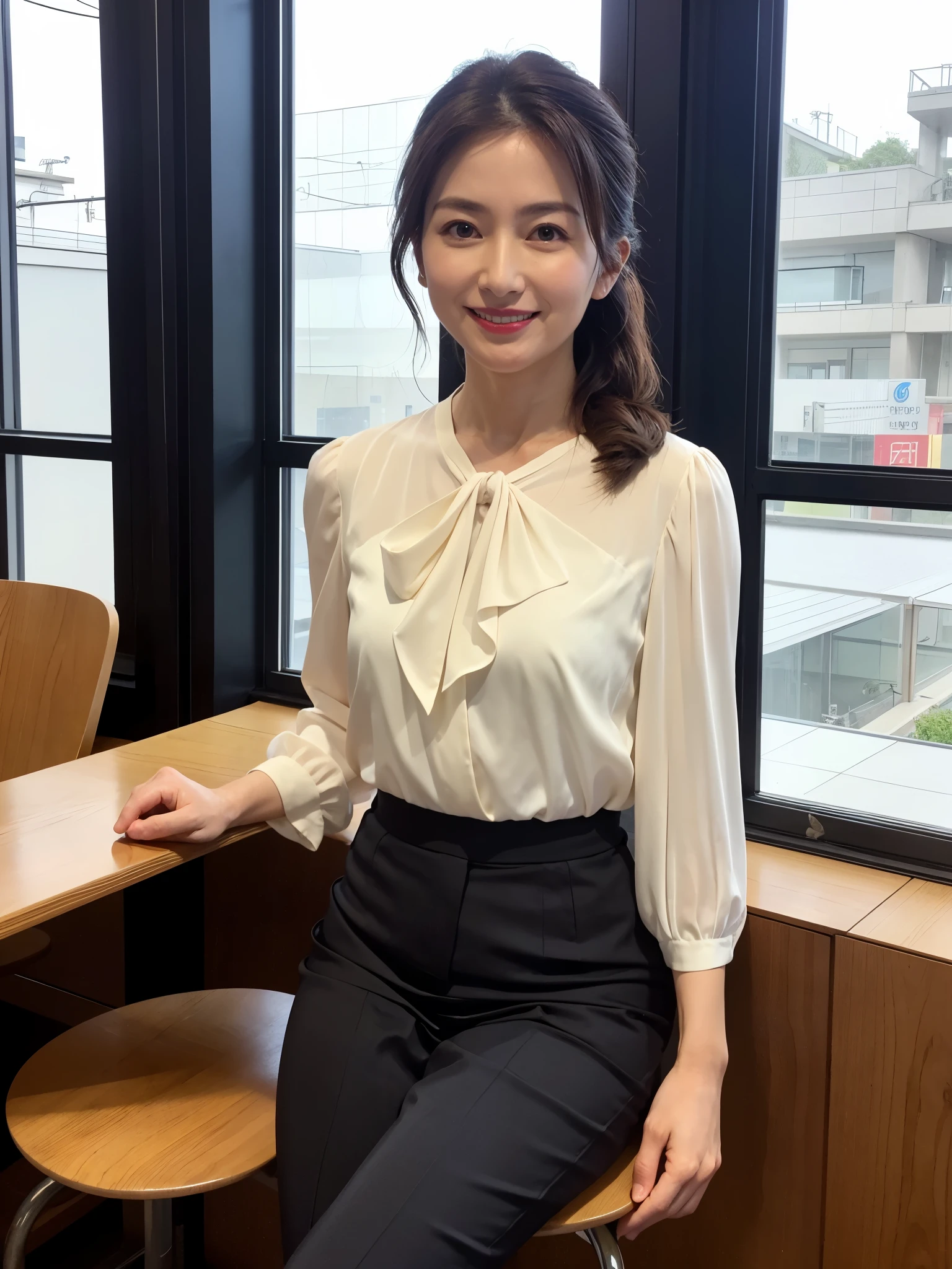 最high quality, 8K, Vibrant, Sharp focus, high quality, High resolution, (Middle-aged women), (49 years old), (Wrinkles around the eyes), (wrinkles around the mouth), (whole body), (Very slim and delicate body), Thin and beautiful legs, Thighs, High heels, Highly detailed eyes, Thick lips, Plump face, Shirt with buttons and collar, Long skirt, Short Hair, A kind smile, ((Flat chest:1.2)), Leaning forward, office