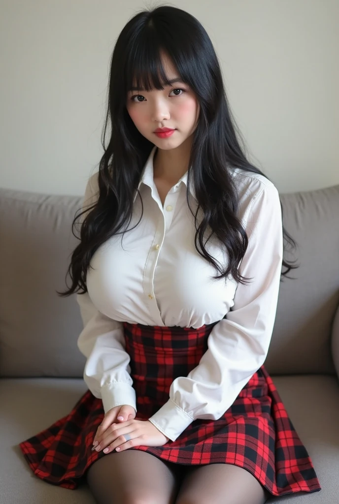 asian, glasses, big breasts, sexy bra, frown, sexy pleated skirt, long straight hair, long legs,