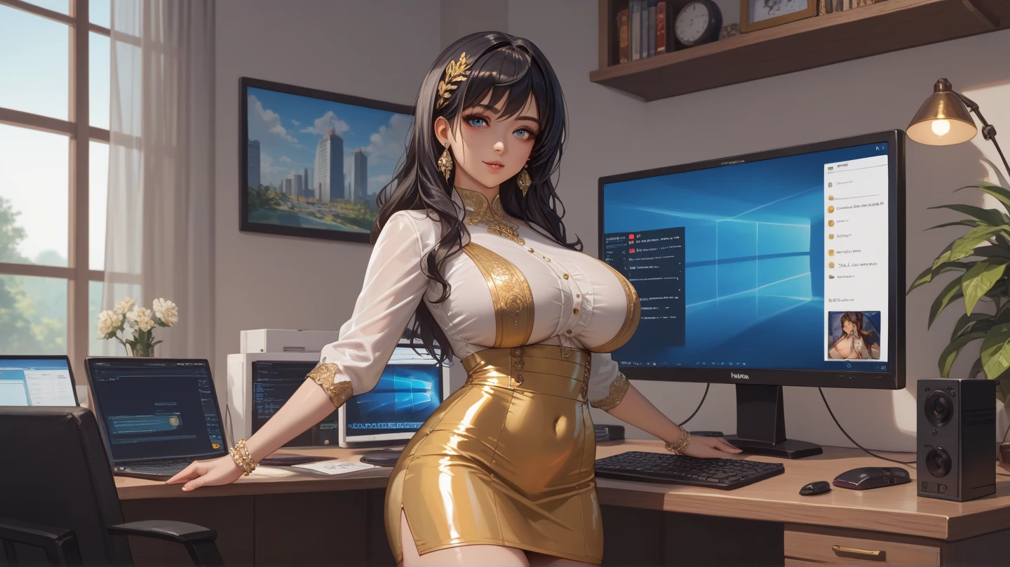 girl1名,girl, 25 years old, long black hair, Big eyes, Sexy big lips, Tall and slender body type, Stylish and beautiful, Attractive and shining, Movie Star,Luxury apartment bedroom,Laptop,The computer opens a web page,big smile,(third person perspective: Half body),4k,8K,highest quality, masterpiece,modern city, Wealthy and prosperous, high tech, towering skyscrapers,Shanghai, China,、camel toe、huge tit、Nipple Puffs、cleavage、Plump、Super big breasts、super big butt