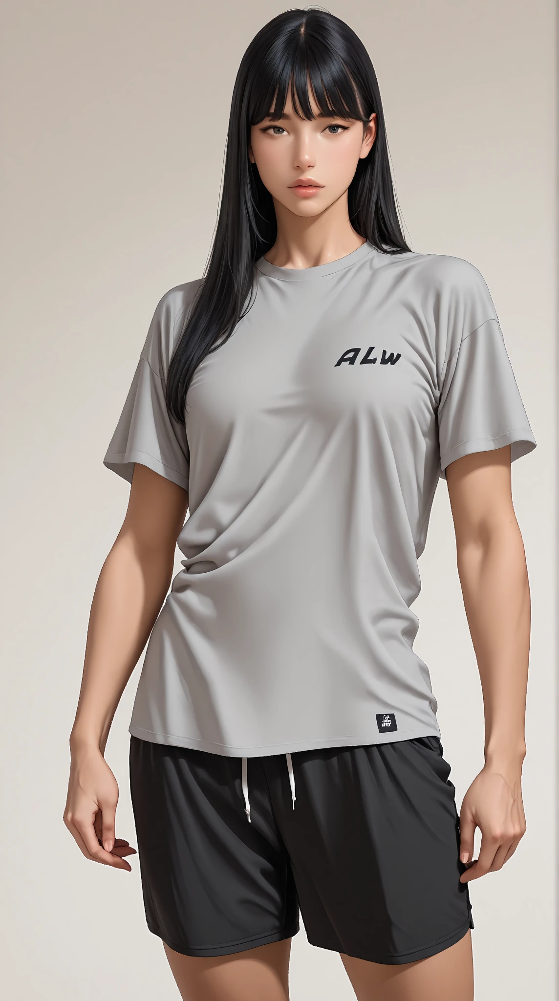 um close de uma mulher vestindo uma camisa cinza lisa e sorrindo, Manga curta, camisa cinza, cinza escuro, enlarged neck, close da parte superior do corpo, vestindo uma camiseta muscular, em fundo cinza, close da parte superior do corpo, high angle close-up, vestindo uma camiseta, vista frontal superior lateral, graphic t-shirts, manga larga cropped