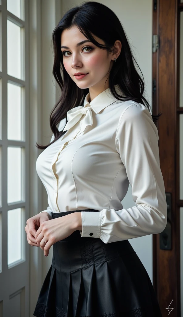 A photo of a young, nerdy woman sitting in a caf, wearing a white shirt and a bow, surrounded by a cozy atmosphere, looking at the viewer.
short hair, slender, red lips, transparent fabric, flirting with the camera