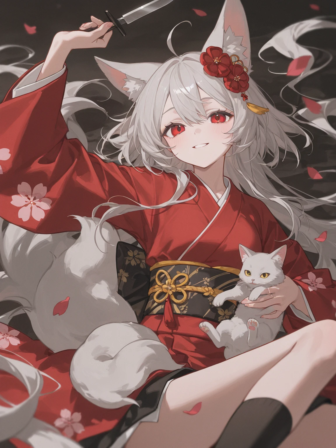 (4K,masterpiece,best quality),(traditional chinese ink painting),(Hanfu),(maxiskit),(conservative dress),1girl,(loli),Young children,((white fox tail)),(solitary),(white hair),White fox ears,Smile, (pink clothes), smile, (pink ground),(barefoot)