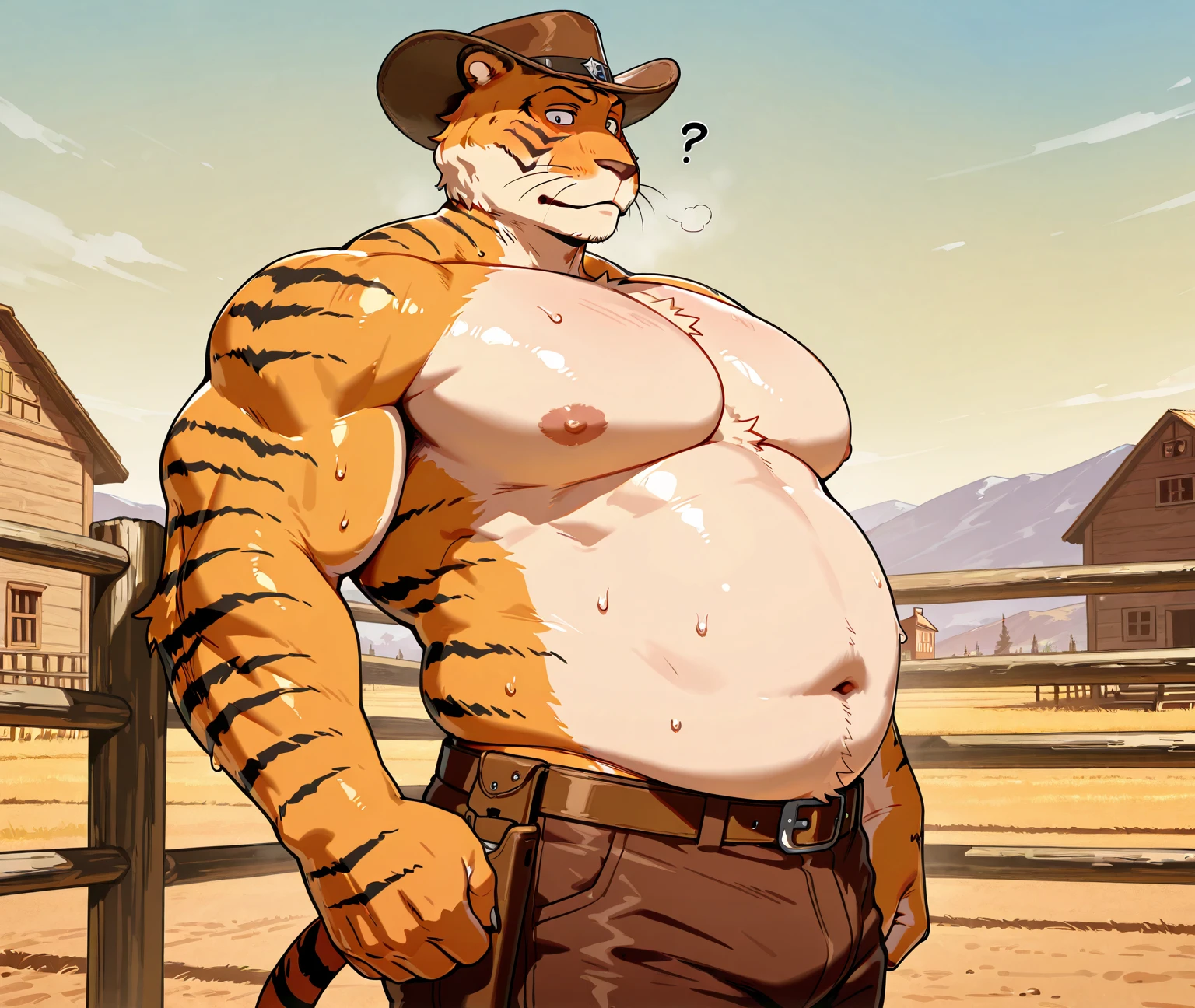 Bill (beastars), (gay man), (bara), (brutal male), ((harsh drawing style)), masterpiece, best quality, amazing quality, correct muscular and body anatomy, (correct and detailed eyes), absurdres, intricate details, high resolution, hyper-detailed, 1male, ((solo)), male,
((tiger)), orange fur, white underbelly, short white hair, short black beard, (((brutal adult huge tiger male))), whiskers, ((massive size difference)), ((10 feet tall)), small normal flat navel, (((big fat arms))), ((brutal dominant)), rough, mascular belly, abs, (male pecs), ((hyper muscular limbs)), muscular wide shoulder, muscular wide pecs, massive pec, muscular thick arms, mature, rugged, adult male, up side view, large bulge,
cowboy shot, cowboy clothes, cowboy hat, cowboy jacket, cowboy shorts, huge belt, topless, looks at the viewer, horney face, he is confused, western, wild west, farm, standing, wild west, western, sweat, smelly body, leaning back,