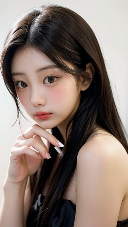 Sexy Woman, Very deep blush, Red nose tip, Long neck,Medium Chest, Visible Cracks, Bedroom, Warm lighting , Lying in bed, Put your head on the pillow, look up、Open your eyes、smile