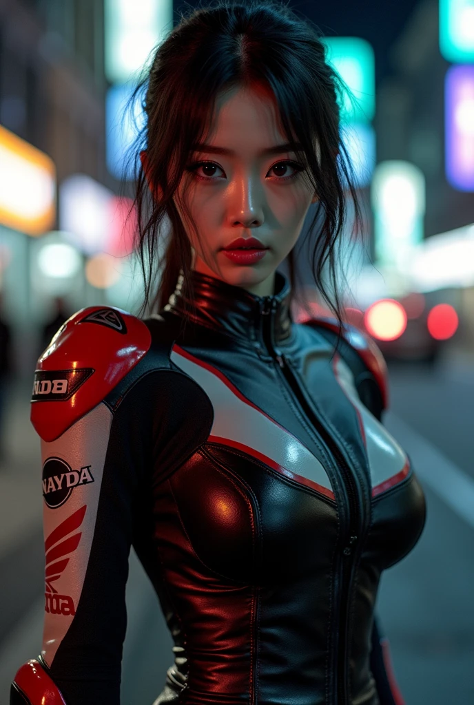very beautiful Japanese high school girl, about to Ride on a off-road motorcycle, at the heliport of the top of the tallest building at night, amazing view of skyscrapers, dangerous place, dramatic scene, masterpiece, (face focus:1.3), clear helmet visor, beautiful eyes, Kawasaki bike, Shoei helmet, (wearing a cyber punk off-road rider's outfits), dynamic angle, 