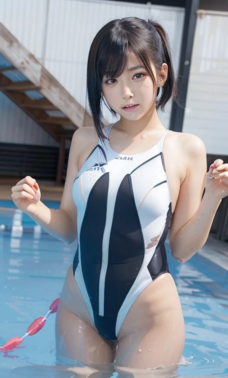 Photorealistic, nsfw,
Beautiful detailed girl, detailed eyes and face, Huge file size, High resolution, Very detailed, Best Quality, masterpiece, Best Quality, 8K Wallpaper,
1 girl, cute Japanese girl, av takase rina, av misaki kanna, Perfect body shape, walking, arms up, small breasts, cameltoe, low hight, slim,
Cute drooping eyes, Beautiful big eyes, clear face, long straight hair, 
shiny white one-piece competitive swimsuit,
night, narrow street, night Tokyo buildings, 