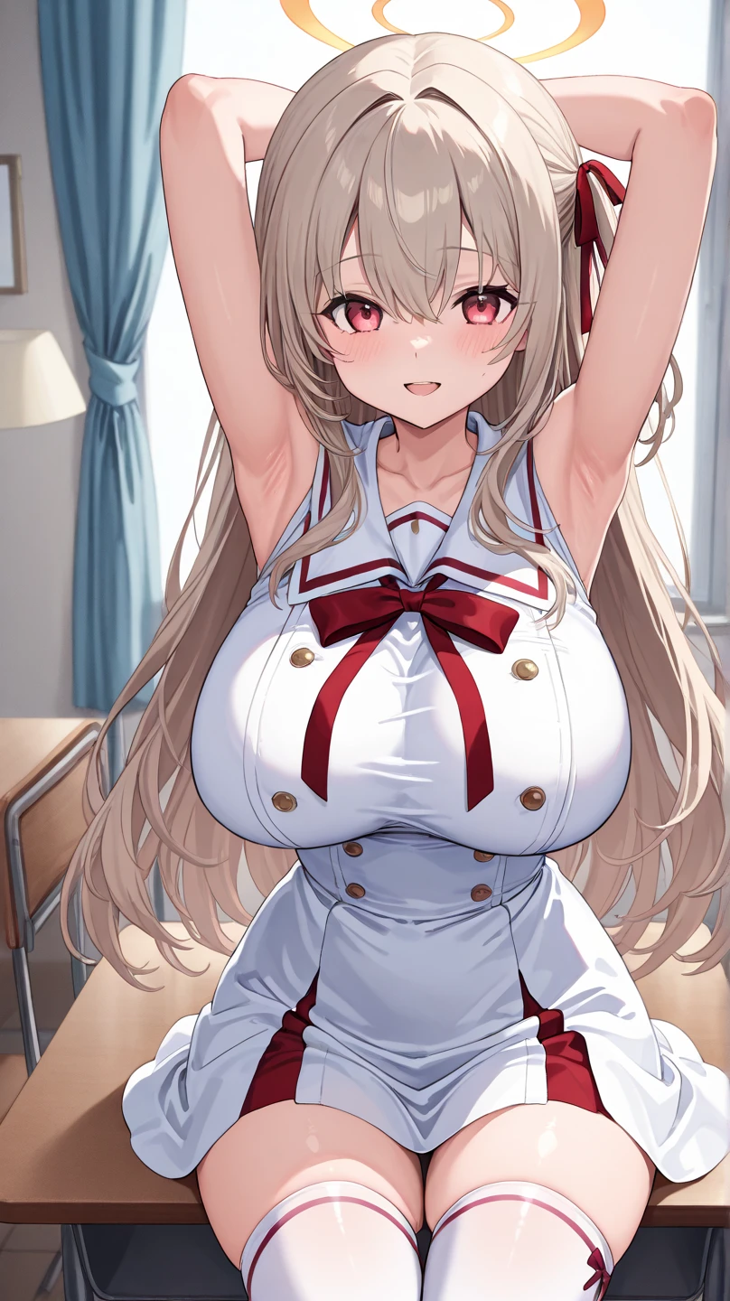 1girl, shiranui flare, streaked hair, dark skin, long hair, blonde hair, hair bow, blue bow, pointy ears, solo, white gloves, detached sleeves, garter straps, white thighhighs, white dress, red eyes, red bowtie, white hair, long sleeves, ponytail,indoor,,looking viewer,huge breasts,(spoken heart),blush,sweating