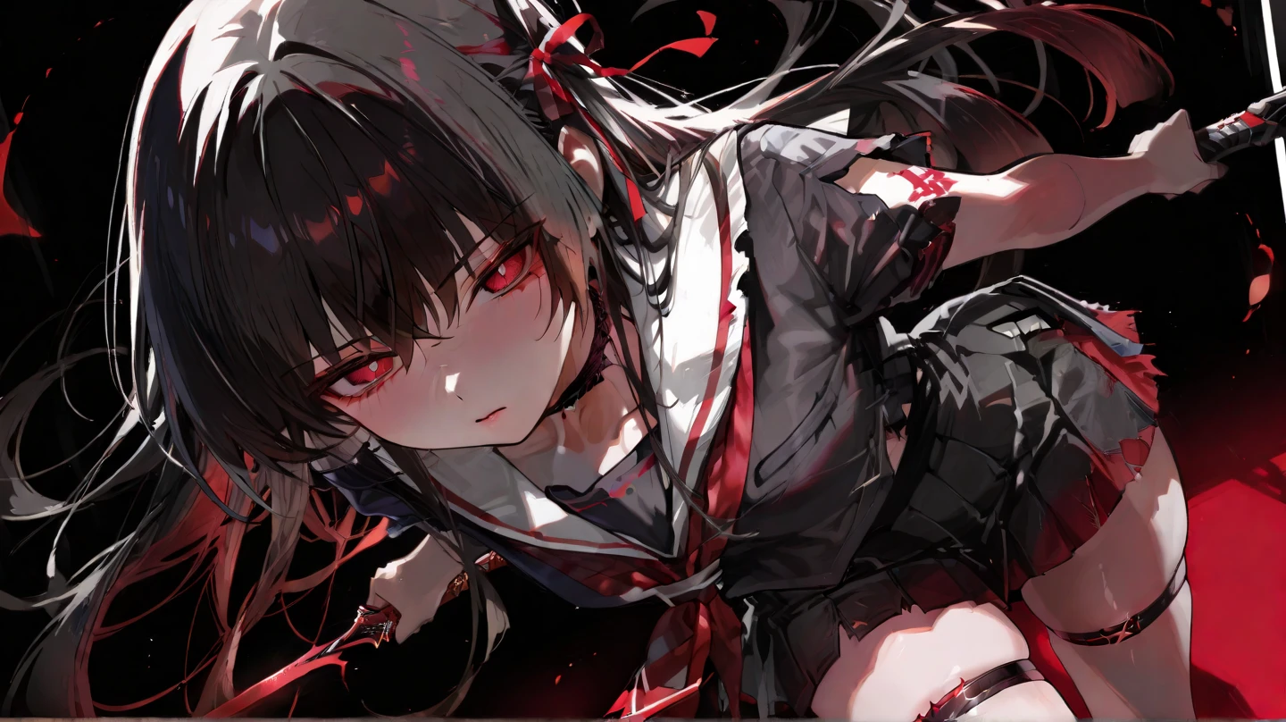 masterpiece, best quality, masterpiece,best quality,official art,extremely detailed CG unity 8k wallpaper, show foot, little girl, solo, kawaii, no_humans, medium hair, black hair, tentacle hair, saliva, blood on face, light blush, red eyes, blood from eyes, large breasts, hanging breasts, one breast out, seifuku, black pantyhose, uwabaki, tentacle, vore, bdsm, girl_on_top, sex, femdom, facesitting, pussy_juice, female_ejaculation, cum, zombie girl ,one girl one boy,Girl infects man,Man under girl,Zombie girl,Blood on the face,Zombie girl感染人类,Zombie Lori,White knee socks,Purple Eyes