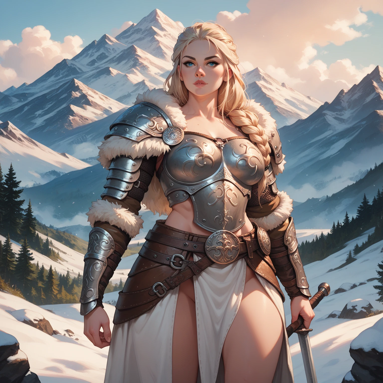 Barbarian Queen, A woman with a strong physique, short stature, Authentic clothing, Giant Axe, posing for a painting, proud look, Hands on the axe, She put the axe on the ground in front of her and leaned on it, hands together on the handle of the axe, Very long white hair, Mecha, Leather & Metal, Barbarian Winter Armor, Masterpiece, high quality image, as an illustration of an old book, Art Nouveau, A lot of leather belts, fur cloak, posing for an artist for a painting, hyper realisitc, 4K