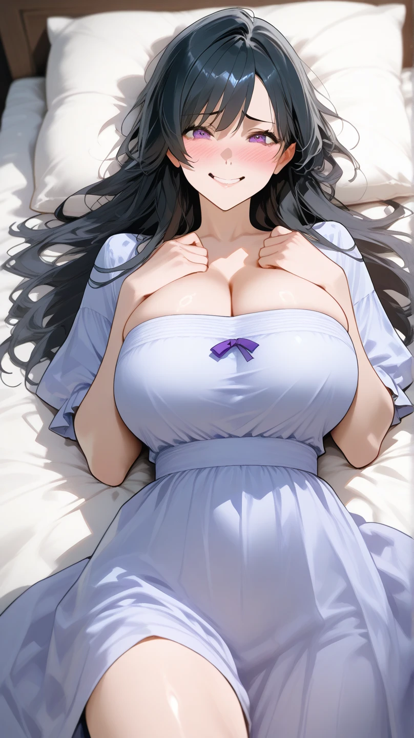 A woman with big ,Beauty,female pervert,White long hair,Gemstone Necklace,Jeweled Evening Dress,weak,Sexy,Color,Show the chest,lactation,Lying in bed,