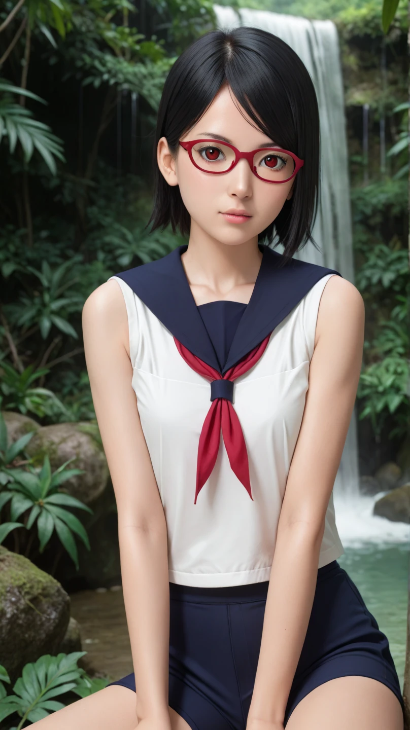 1 girl,ultra high resolution, Outside in the rain, wet, White shirt, unbutton the buttons, unbuttoned shirt ,(photorealistic:1.4), raw photo,16 thousand.,dramatic Lighting,high quality detailed eyes ,Expresson Smaell , The chest is bare, Absolutely bare breasts, Konoha bandana , Konohagakure, kunai , glasses Sarada from the Uchiha clan , unbuttoned her shirt , the chest is ajar, cutie , Teen ,Uchiha sarada , Anime Realistic , real mix , 1 girl ,One , Cute hair , Lighting , Ultra High Quality, Short film ,ideal character