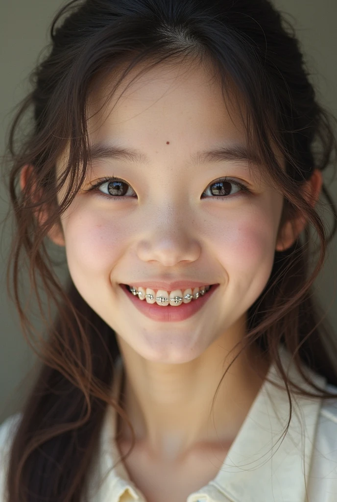 10 years old、Cute is holding a single french fry between her fingers in her room.。



