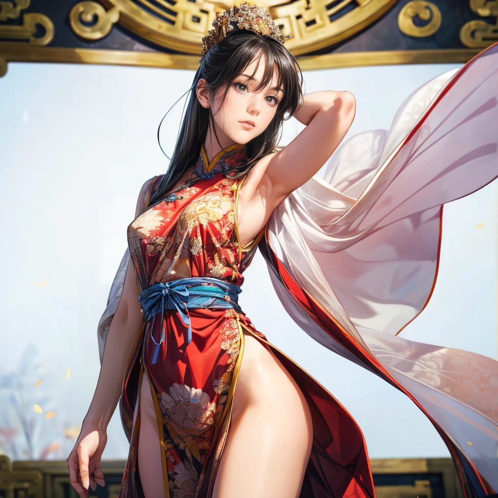 Photorealistic flat design of a beautiful dancer in a red kimono. She strikes a cool pose, surrounded by a translucent, thin silk cloth that flutters and arcs above her head, gently and loosely wrapping around her entire body. The silk cloth captures the graceful and fluid motion of her dance, adding a dynamic and ethereal quality to the scene. At her feet, a puddle reflects her image, set against a backdrop of pine trees and a coastal scene, blending contemporary flat design aesthetics with traditional Japanese elements and natural scenery.