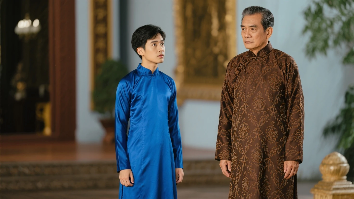 The boy with black hair and red eyes. He is pretty, cute and dressed in royal attire.