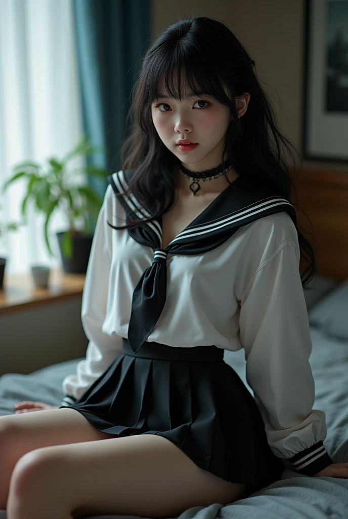 absurdress,Highres,Hyperdetailed),Highres,1girle,PerfectNwsjMajic,sitting on a bed,fulllllbody,looks at the viewer,s mouth open,Open your clothes,Come and kiss,school uniforms,