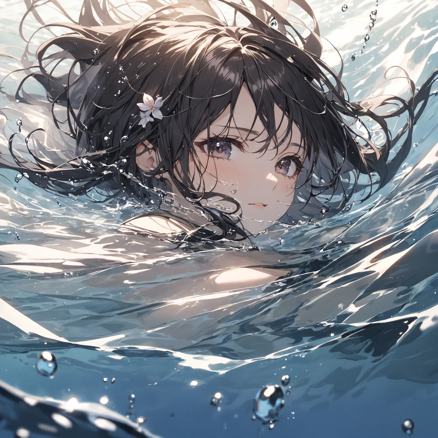 1girl, solo, blue eyes, (detailed eyes), flat chest, short hair, black hair, (masterpiece),(masterpiece), (masterpiece, Highest quality:1.2), 1 Girl, alone,Eyes open,Are you having fun,Tropical atmosphere,Ocean,focusing, white shirt, upper full body, standing