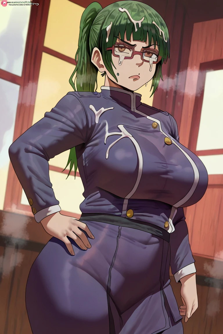 (masterpiece:1.2), (best quality), (ultra detailed), (8k, 4k, intricate),(full-body-shot:1), (highly detailed:1.2),(detailed face:1.2), (detailed background),detailed landscape, ((portrait)), (dynamic pose:1.2) auntcass,1girl, solo, huge breasts, smile, ponytail hair, green hair, shirt, jewelry, yellow eyes, glasses,upper body, short sleeves, indoors, necklace, blurry, black shirt,cleavage,highschoolofthedead,seductive